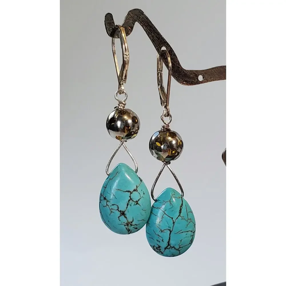 Teardrop Shaped Turquoise Sterling Silver Lever Back Earrings